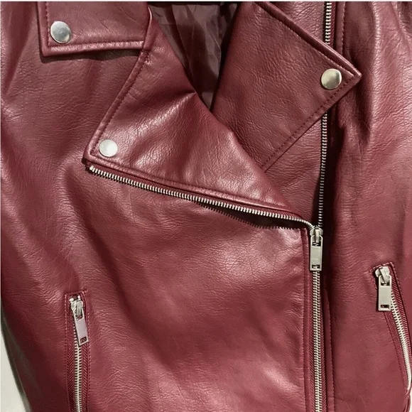 Forever 21 Wine Burgundy Leather Zip Up Moto Jacket - Picture 4 of 7